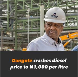 Dangote petroleum refinery has announced a further reduction of the price of diesel from 1200 to 1,000 naira per litre